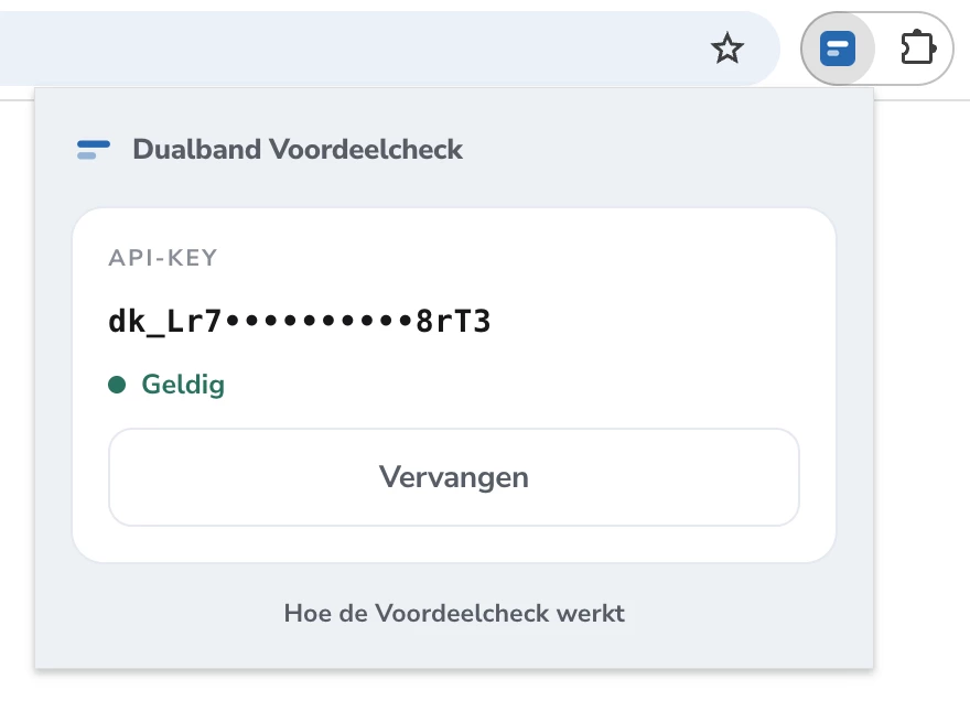 dualband voordeelcheck screenshot van de browser extension icon en api-key
