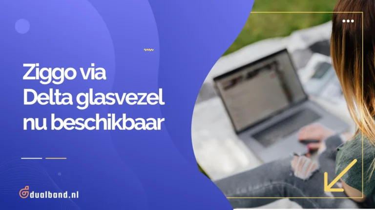 vrouw die werkt op haar laptop met snel glasvezel internet met title van artikel